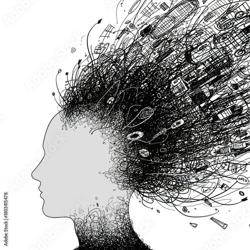 Abstract representation of a human head with chaotic thoughts and ideas.