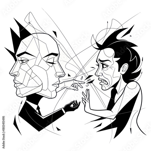 Abstract illustration of two faces, one pointing at the other, expressing conflict and emotion.