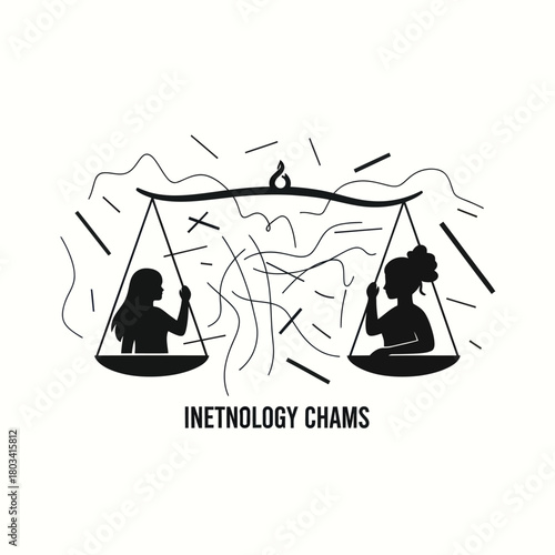 Silhouette of two women in balance scales with chaotic lines.