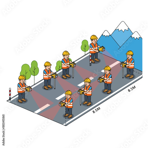 A road surveyor operating a laser distance meter to measure road width, wearing reflective clothing and helmet, flat vector style, minimal and clean, white background