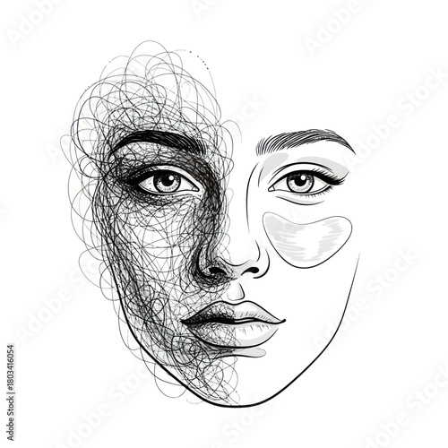Abstract portrait of a womans face divided into two styles.