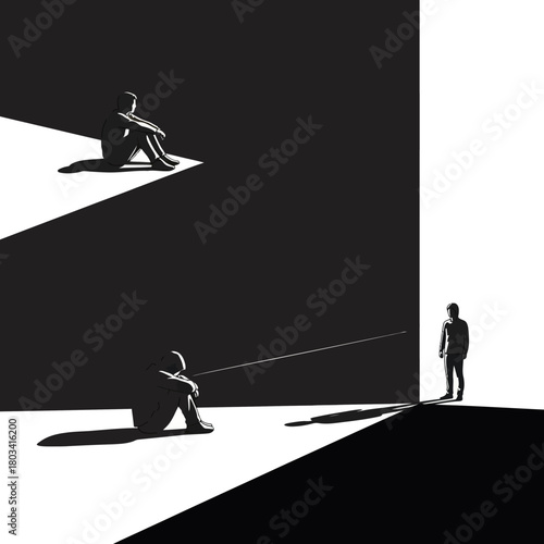 Monochromatic Illustration of Isolation and Hope with Figures in Light and Shadow.