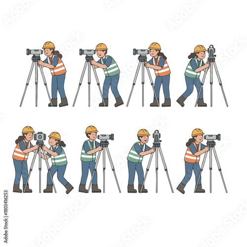 8 set road surveyor using a theodolite on a tripod, wearing a safety vest and helmet, standing on the roadside, flat design, simple and minimalistic style, white background, vector illustration