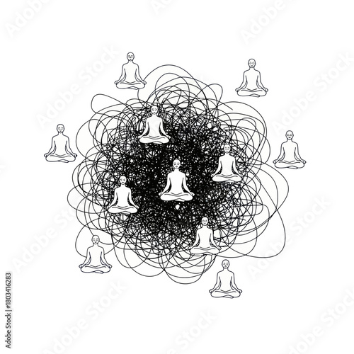 Meditation amidst chaos represents inner peace and mental clarity.