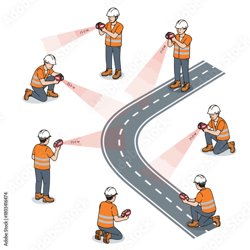 A road surveyor operating a laser distance meter to measure road width, wearing reflective clothing and helmet, flat vector style, minimal and clean, white background