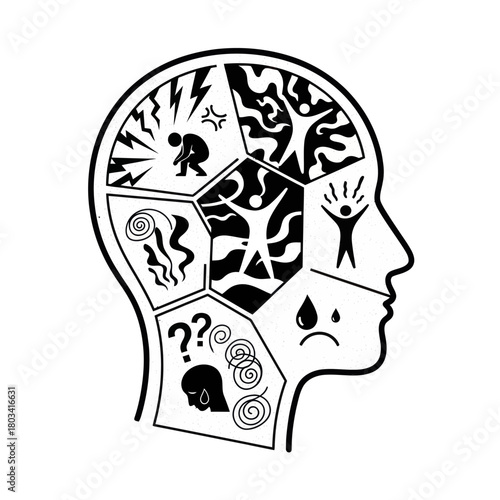 Human head silhouette depicting various emotions and complex mental states.