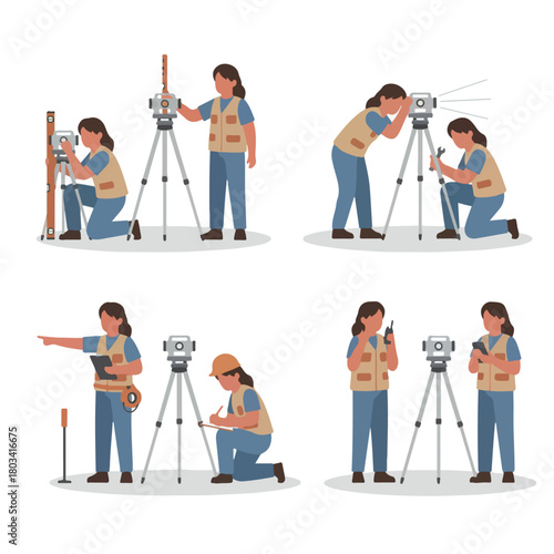 A female road surveyor adjusting a leveling instrument on a tripod, simple flat design, minimal color palette, white background