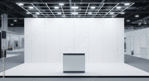 A clean and modern exhibition stand with a blank white backdrop offers versatile space for branding and product displays at a trade show professional stock photography content