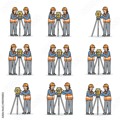 A female road surveyor adjusting a leveling instrument on a tripod, simple flat design, minimal color palette, white background