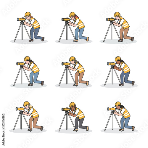 A female road surveyor adjusting a leveling instrument on a tripod, simple flat design, minimal color palette, white background