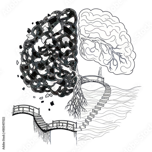 Brain illustration depicting thought process and mental health concept.