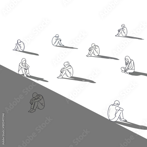 Multiple figures sitting alone, casting long shadows, depicting loneliness and isolation.