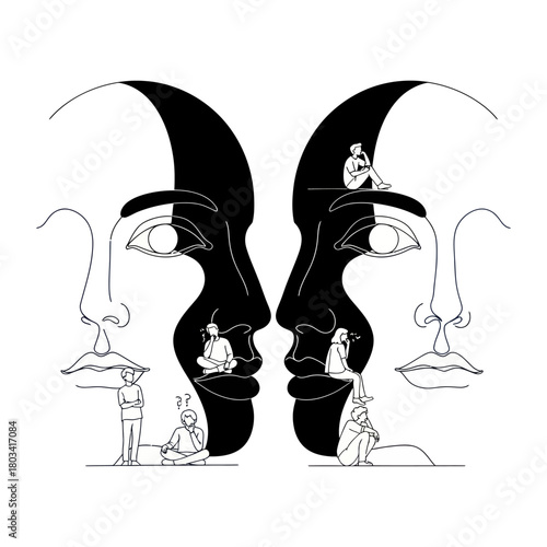 Abstract Faces with Tiny People Inside Representing Inner Thoughts and Emotions.