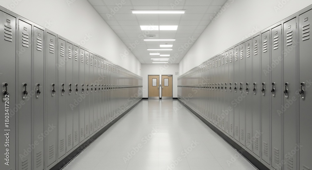 Fototapeta premium Brightly lit empty school hallway with endless rows of gray metal lockers and a clean white floor creating a symmetrical perspective. AI Generated
