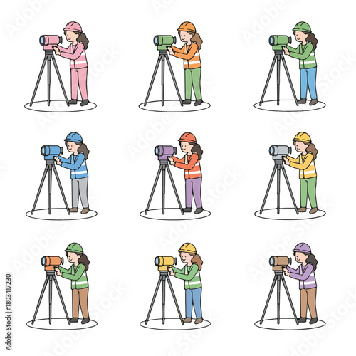 A female road surveyor adjusting a leveling instrument on a tripod, simple flat design, minimal color palette, white background