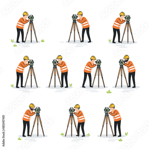 8 set road surveyor using a theodolite on a tripod, wearing a safety vest and helmet, standing on the roadside, flat design, simple and minimalistic style, white background, vector illustration
