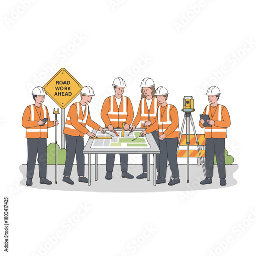 A road engineer and surveyor discussing a map plan near the roadside, wearing orange vests and helmets, flat design, minimalist vector illustration, white background