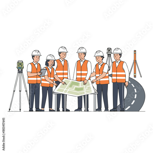 A road engineer and surveyor discussing a map plan near the roadside, wearing orange vests and helmets, flat design, minimalist vector illustration, white background