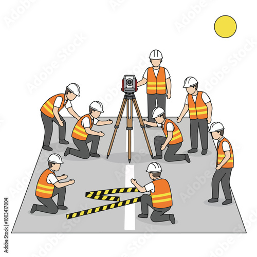 8 set road surveyor using a theodolite on a tripod, wearing a safety vest and helmet, standing on the roadside, flat design, simple and minimalistic style, white background, vector illustration