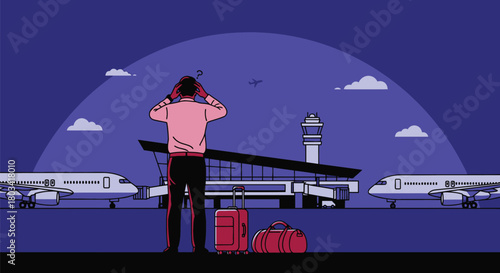 Man at airport stressed about travel delays and baggage issues