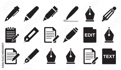  Collection of black and white icons representing writing and editing tools and documents