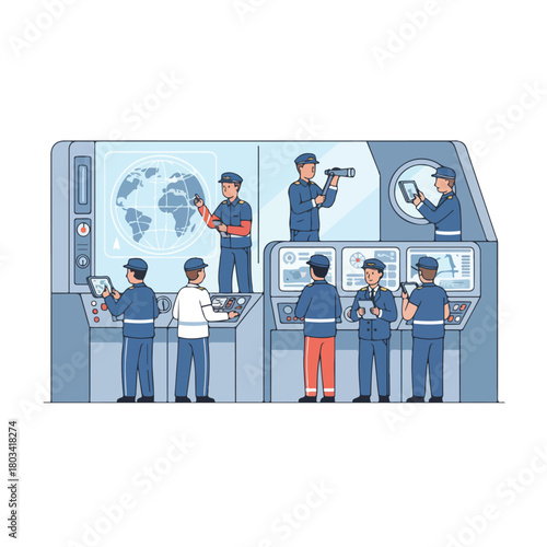 A ship crew member checking navigation instruments inside the control room, focused expression, flat design, simple and minimalistic, white background.