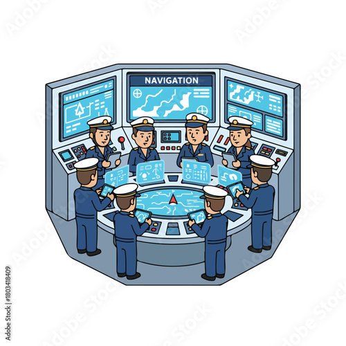 A ship crew member checking navigation instruments inside the control room, focused expression, flat design, simple and minimalistic, white background.