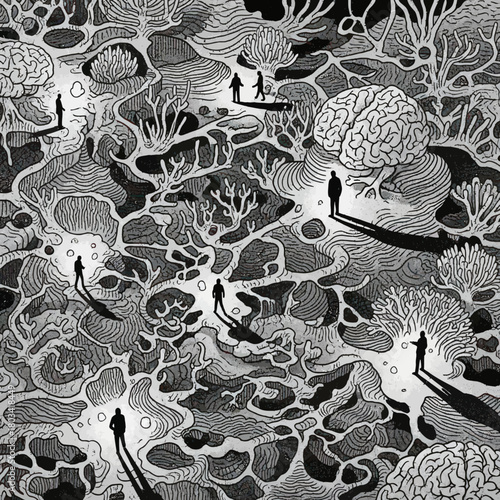 Surreal landscape with human figures and brain-like formations.