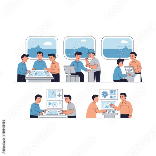 A ship crew member checking navigation instruments inside the control room, focused expression, flat design, simple and minimalistic, white background.