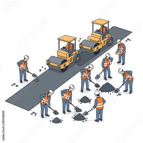 Construction workers spreading hot asphalt on the street, one using a shovel, another operating a roller compactor, safety cones around, flat vector illustration, minimalistic, white background