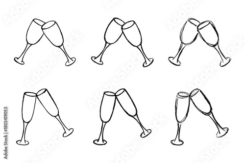 Set of hand drawn champagne glass Alcohol drink clipart in doodle style Single element for print, web, design, decor Happy New Year