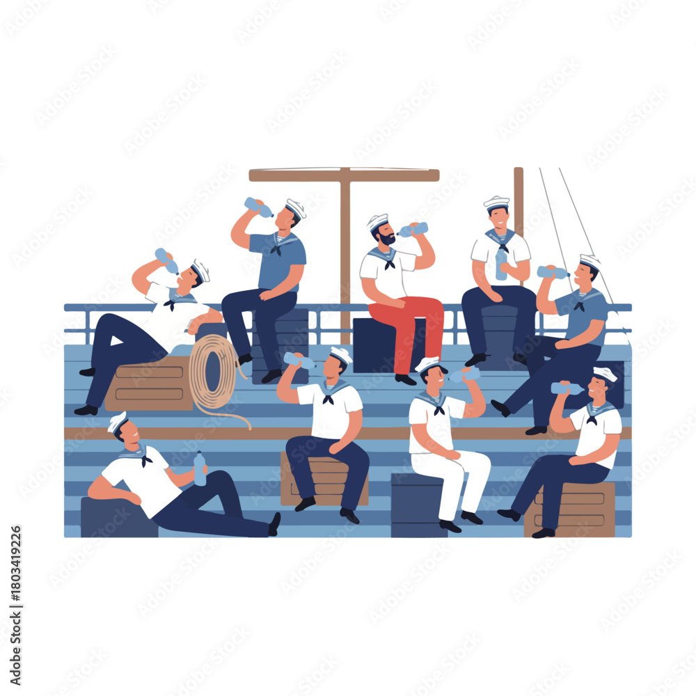 Obraz premium 8 set ship crew member relaxing on the deck during break time, sitting and drinking water, flat design, minimalistic vector, white background