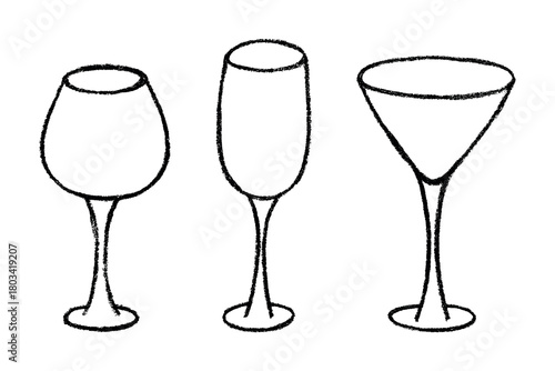 Set of hand drawn wine and champagne glasses Alcohol drink clipart in doodle style Single element for print, web, design, decor Happy New Year