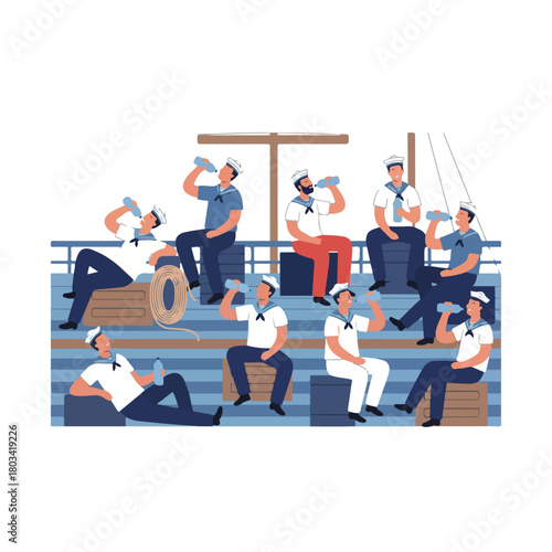 8 set ship crew member relaxing on the deck during break time, sitting and drinking water, flat design, minimalistic vector, white background