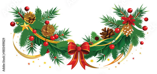 Festive Christmas garland with red bow and pine cones decoration.