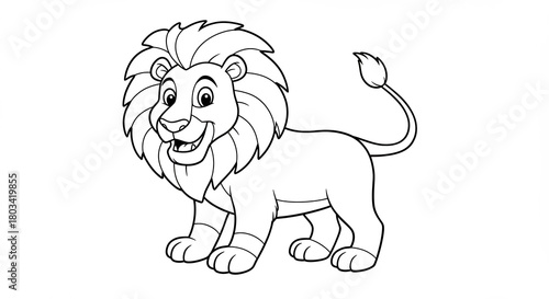Smiling cartoon lion proudly stands in a playful black and white line art style for coloring fun. AI Generated