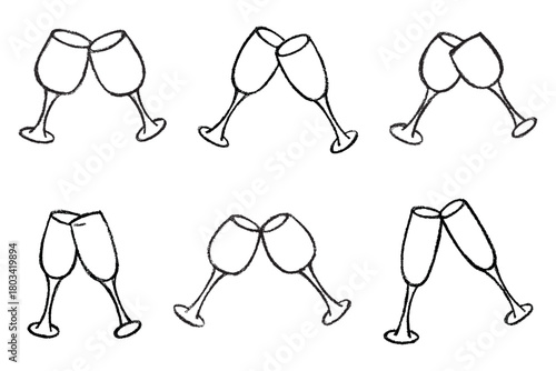 Set of hand drawn wine and champagne glasses Alcohol drink clipart in doodle style Single element for print, web, design, decor Happy New Year