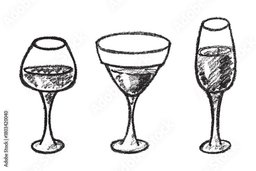 Set of hand drawn wine and champagne glasses Alcohol drink clipart in doodle style Single element for print, web, design, decor Happy New Year