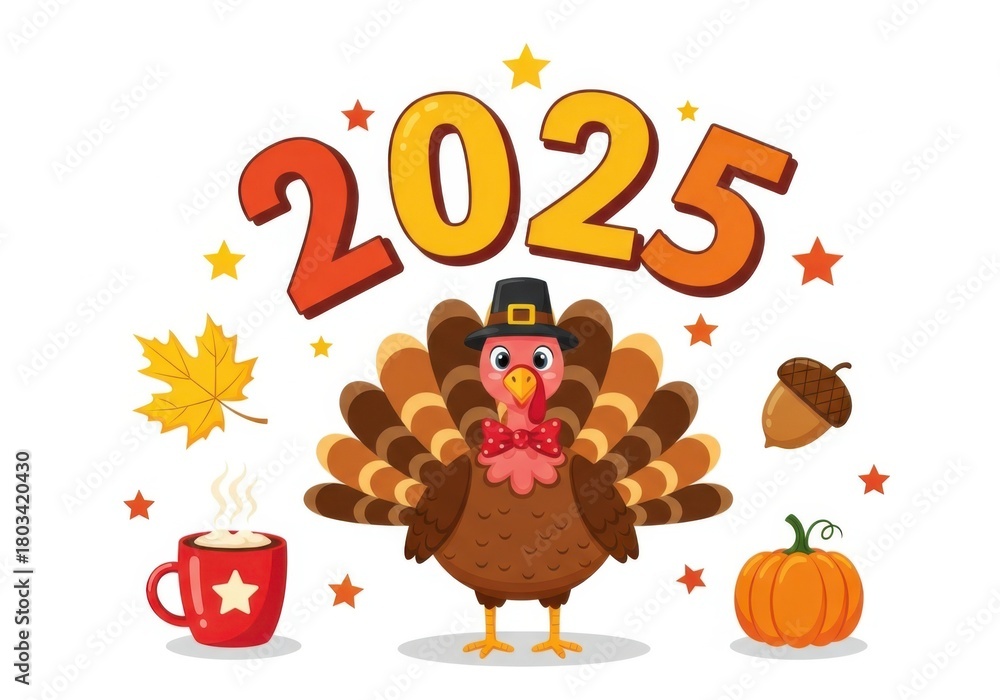 Fototapeta premium Happy thanksgiving 2025 with a cute turkey, pumpkin, acorn, and hot drink, celebrating the autumn holiday season with festive decorations and falling leaves