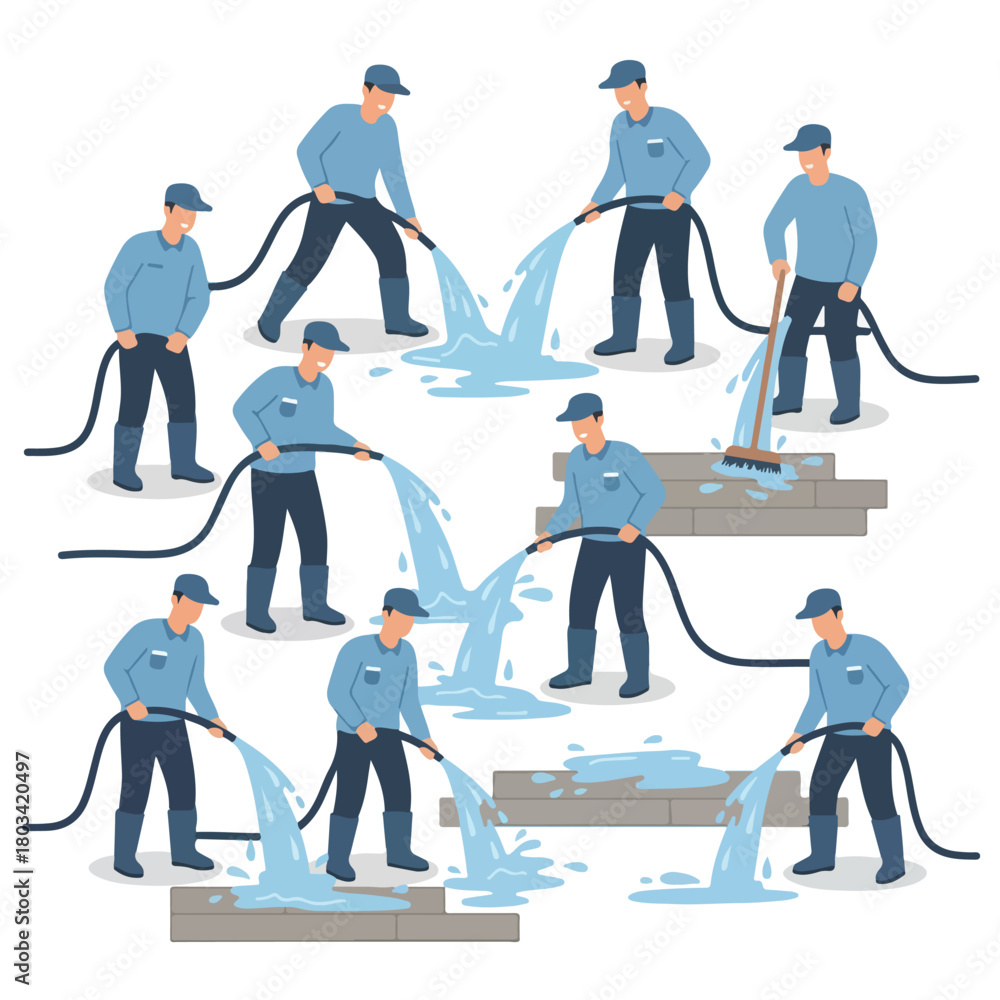 Obraz premium 8 set ship crew member cleaning the deck using a water hose, wearing boots and uniform, flat design, simple and minimalistic, white background.