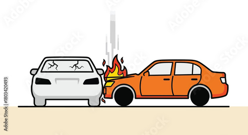 Cartoon car accident with fire damage for insurance claim concepts