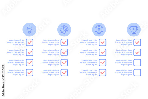 Infographic breaking down essential components of design, showcasing lightbulbs for ideas, gears for processes, currency for value, and trophies for achievement, creating clear visual cues