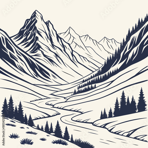 Scenic mountain valley illustration isolated on, featuring winding river and lush forest, ideal for travel brochures, naturethemed websites, and outdoor recreation promotions