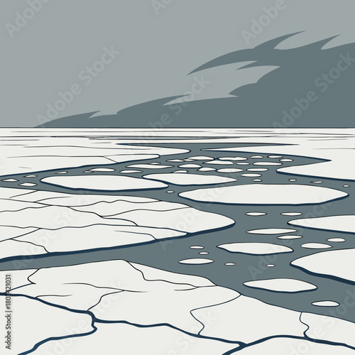 A stark illustration depicts a frozen arctic landscape, featuring cracked ice floes and a somber sky, evoking a sense of cold and desolation, isolated on