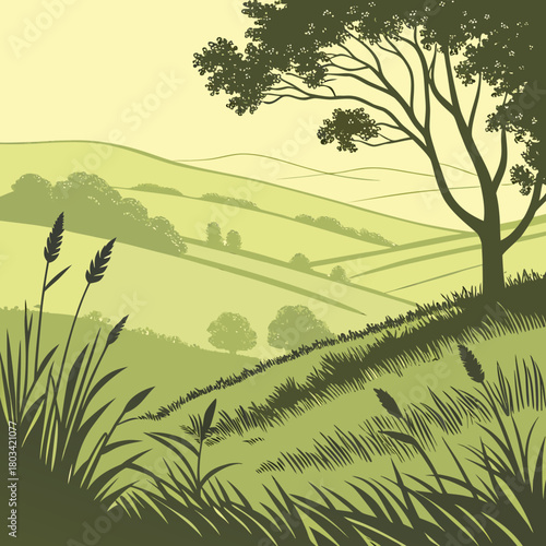 A tranquil countryside landscape illustration features rolling green hills, a lone tree with dense foliage, and tall grass in the foreground, creating a serene and picturesque scene of nature