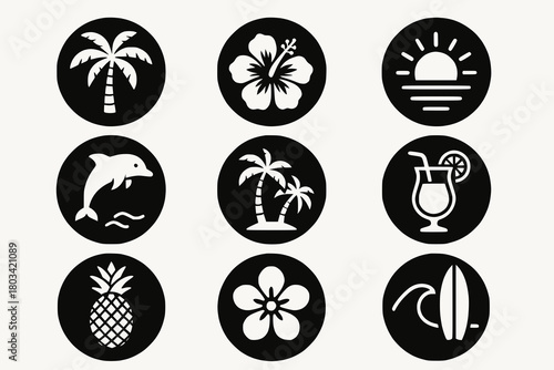 Nine circular black icons: palm, hibiscus, flamingo, drink, bowling ball, turtle, sailboat, shell.