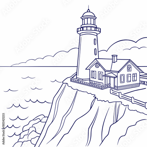 A serene line art illustration depicts a lighthouse standing tall on a cliff, overlooking the vast ocean, with gentle waves lapping at the shore, isolated on