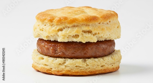 Savory sausage patty nestled in a flaky golden biscuit shot with clean even studio lighting a delightful meal. AI Generated