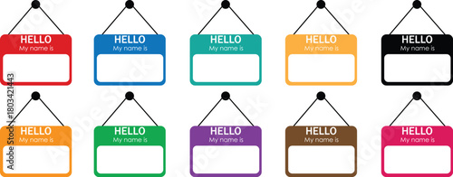 Red badge on a mount with the inscription line icon. Hello my name, school, seller, inscription, duty officer, position, manager, staff. icon for business and advertising Pro Vector