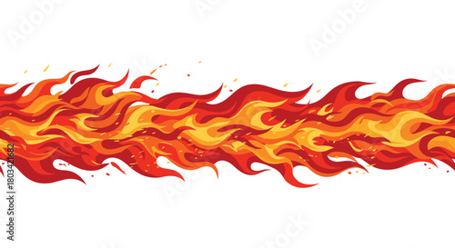 Stylized pixel art flames forming a horizontal fire border, with vibrant red, orange, and yellow colors and small sparks on a white background.